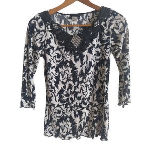 Brittany Black Women's Black and White 3/4 Sleeve Shirt Embellished Neckline
